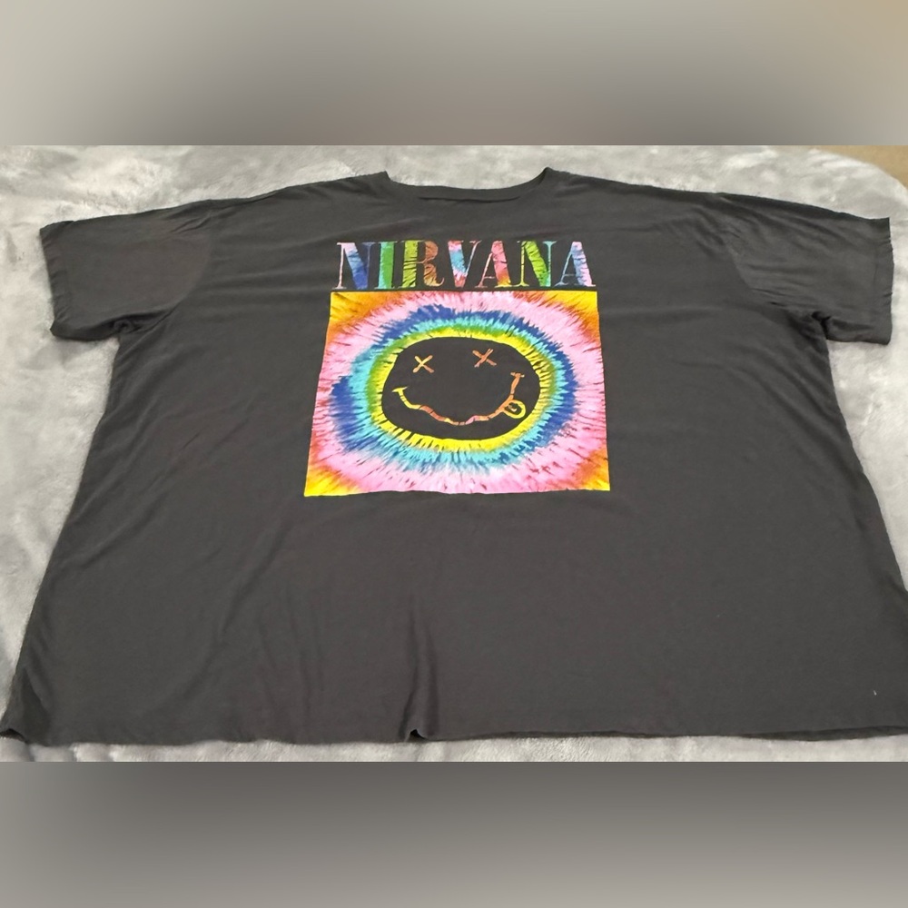 Nirvana Dark Gray Oversized Tee with Tie-Dye Graphic Sz 0 Torrid EUC